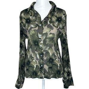 MDS California Green Notched Collar Button Down Sheer Floral Blouse